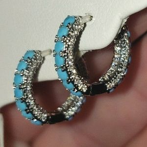 925 STERLING SILVER TURQUOISE DIAMOND CRYSTAL CZ DOUBLE-SIDED HUGGIE HOOPS☆9